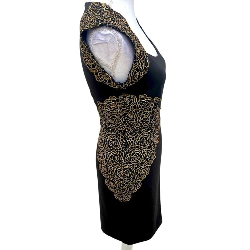 NWT Erin black & gold rosette embroidery fitted short sleeve pint dress size 4 - Picture 9 of 12